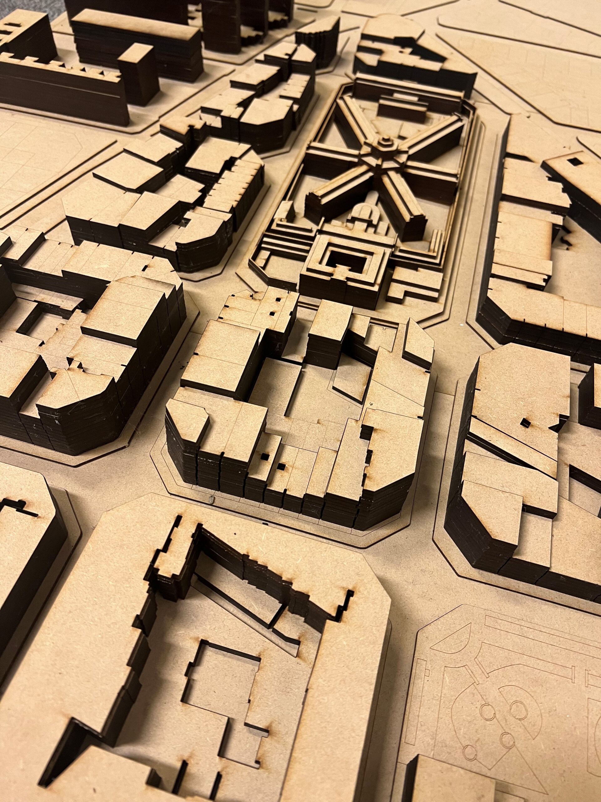 city blocks with buildings simulated as wood cutouts