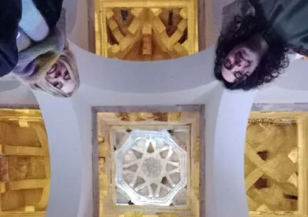 students looking down at camera