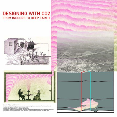 poster with 3 images; a black and white drawing of a CO2 test cabin, a colo drawing of a couple in a room with air movement, and an aerial view of a town