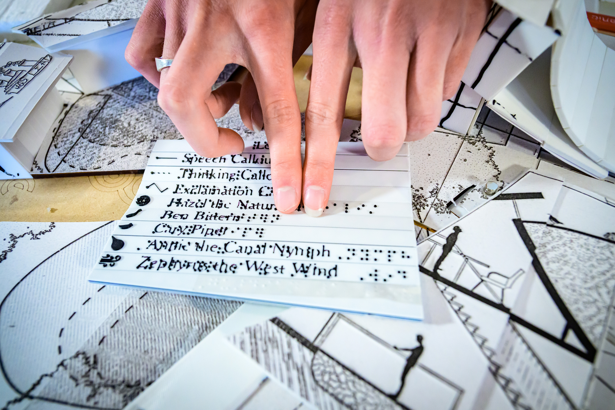 hands run across raised text