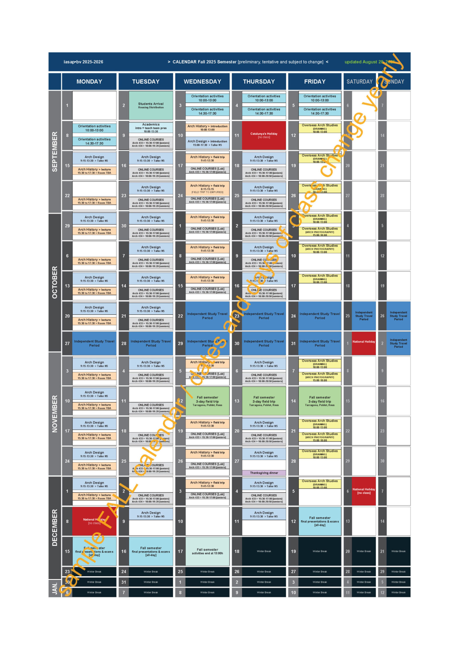 Academic Calendar, Fall 2025