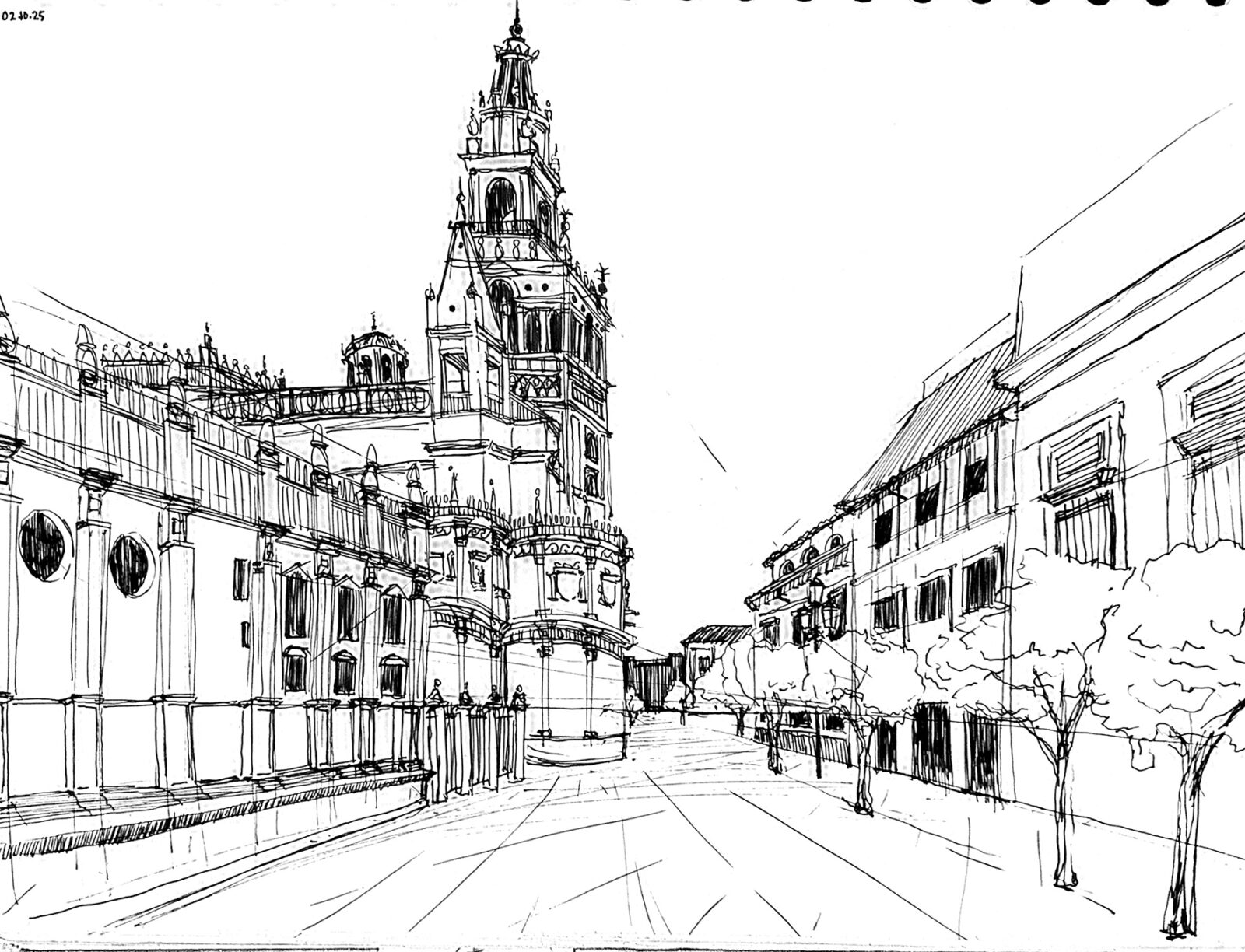 beautiful pencil drawing of street with church
