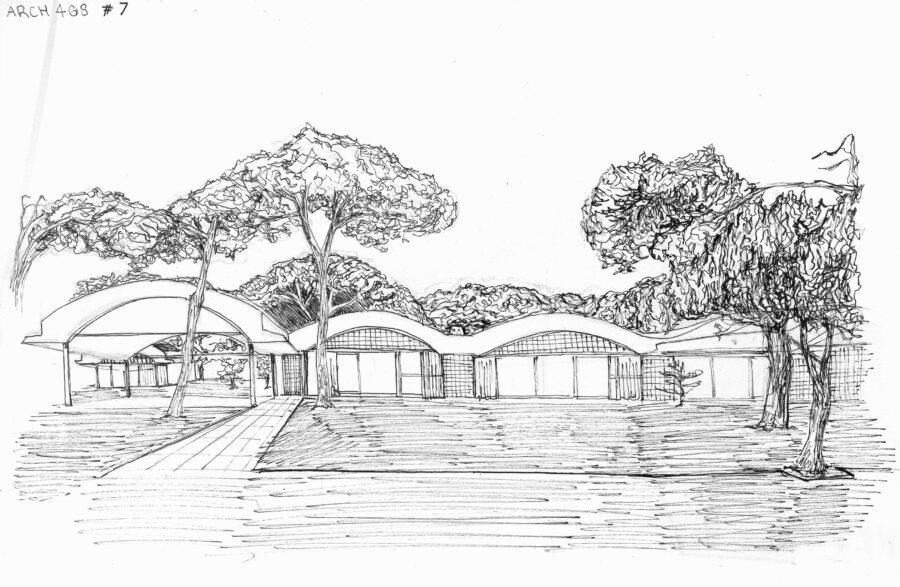 pencil drawing of model with trees