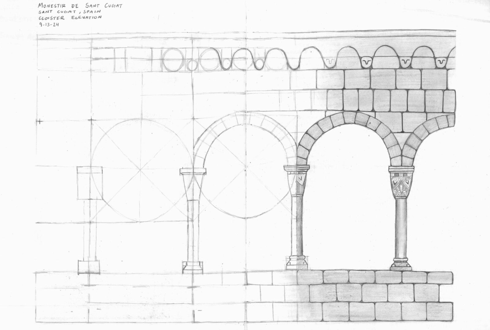 partly colored drawing of arches