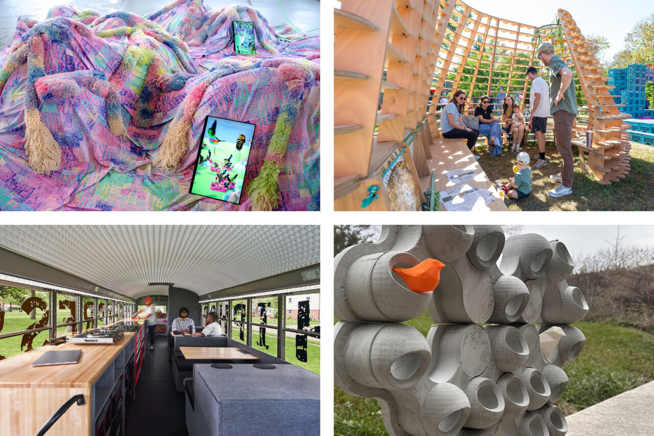 four separate images in different colors, from a sculptural outdoor pavilion to an custom school bus interior build-out