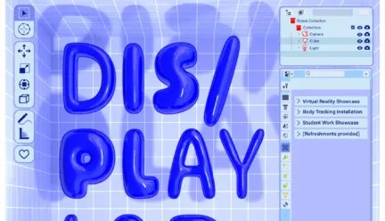 Flyer for the DIS/PLAY LAB Open House, 12 PM, October 21, in the DIS/PLAY Lab, TBH Room 20. Features Virtual Reality Showcase, Body Tracking Installation, and Student Work Showcase; refreshments provided.