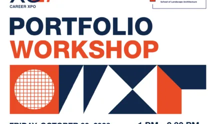 Career XPO 2027 Portfolio Workshop flyer. Friday, October 30, 2026, 1 to 2:30 PM, Plym Auditorium, Room 134, Temple Buell Hall. Professors John Clark and Hugh Swiatek will give a lecture on drafting a portfolio, provide examples, offer insight, and answer student questions. No registration required. Sponsoring units: School of Architecture, School of Urban and Regional Planning, School of Landscape Architecture. Footer reads: Use this opportunity to get your portfolio ready for the 60+ firms coming to the XPO. Design features a navy and orange geometric graphic and headshots of both professors.