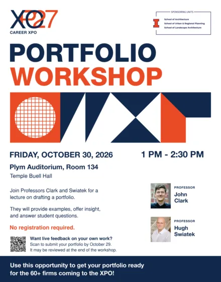 Portfolio Workshop flyer: Fri Oct 30, 1–2:30 PM, Plym Auditorium 134 TBH. Profs. Clark and Swiatek.