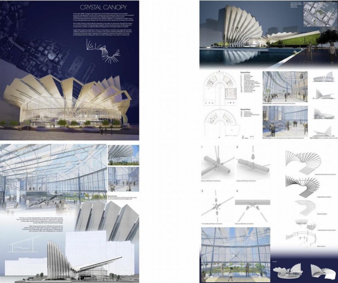 Crystal Canopy award winning board with architectural drawings and diagrams.