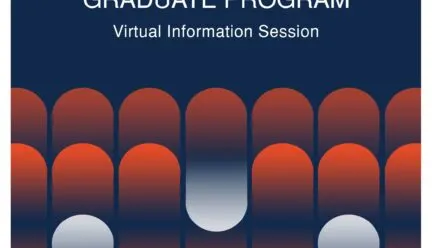 Poster for the Illinois Architecture Graduate Program Virtual Information Session on Tuesday, November 3, 2026, from 9:00 to 10:00 AM on Zoom, for undergraduate students at international or outside domestic institutions. Navy background with a pattern of overlapping orange and gray gradient arches. Illinois Architecture 1867 logo in the lower right.