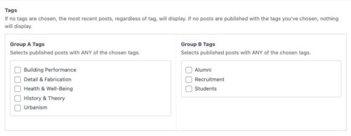 The tag group interface when setting up a listing page.