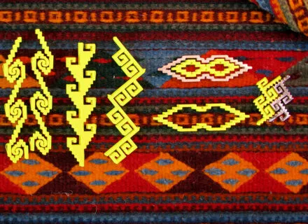 Yellow 3D printed motifs laid atop a traditional textile from which their designs were derived