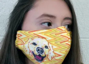 Woman wearing a mask with a yellow zigzag pattern and a labrador
