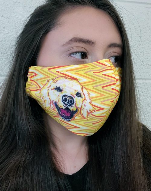 Woman wearing a mask with a yellow zigzag pattern and a labrador
