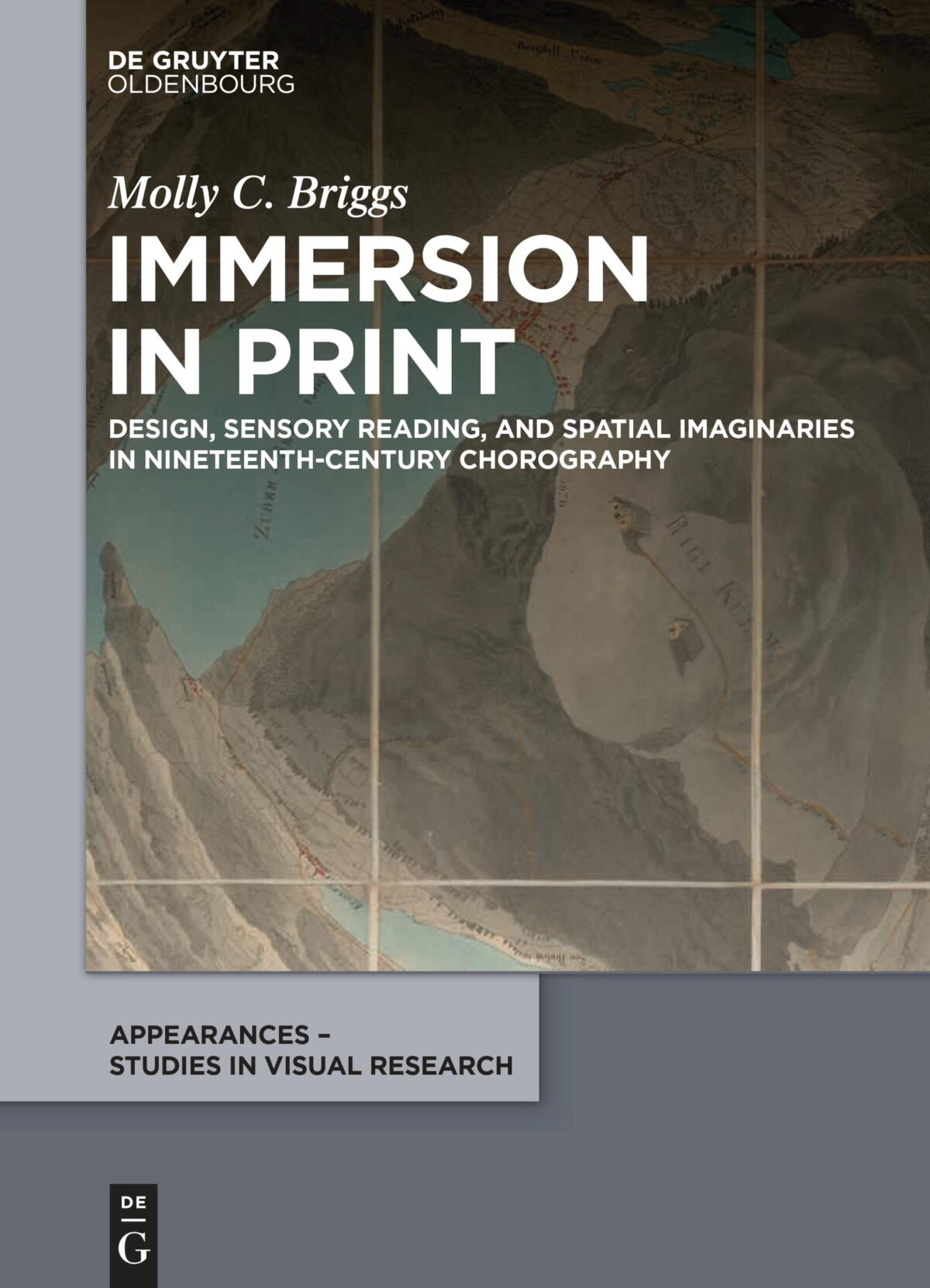 A book cover with grey rectangles and a closeup view looking down upon a mountaintop.
