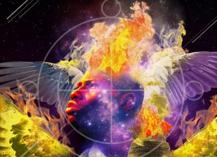 Black angel gazing intently with flaming crown and wings while holding a vessel of palm wine. 