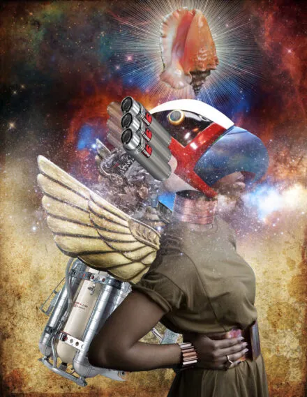 Winged Black woman with helmet and rocket pack, listening to a conch shell above her mind. 