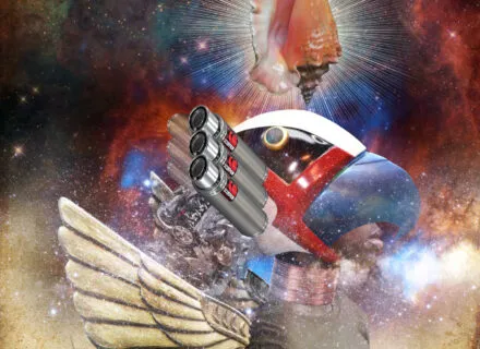 Winged Black woman with helmet and rocket pack, listening to a conch shell above her mind. 