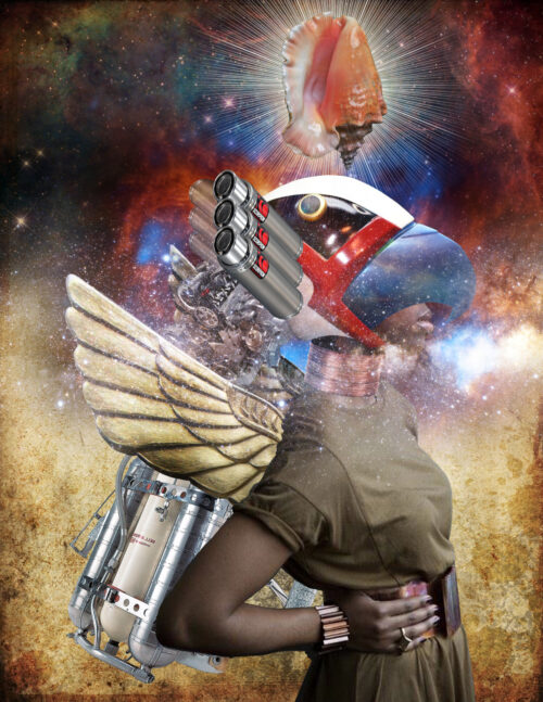 Winged Black woman with helmet and rocket pack, listening to a conch shell above her mind. 