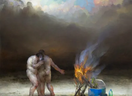 Nude Figures Amongst the Apocalypse with fire and provisions.