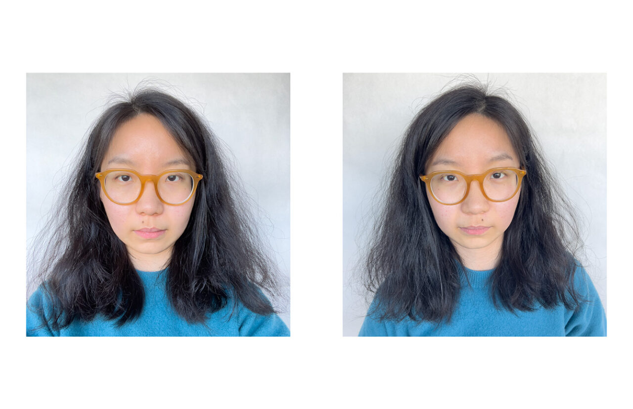 Two photos of the artist wearing a blue shirt and yellow glasses; one is a selfie, the is a portrait short by another person; they look similar but there are subtle differences