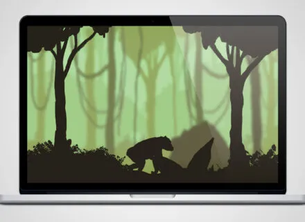 Closeup of a video game with sihouetted characters against a green landscape scene