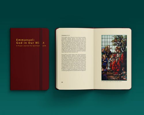 Photo of a book, showing it closed with the thesis title and opened with a picture of stained class window