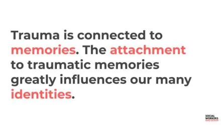 Designed text that reads, "Trauma is connected to memories. The attachment to traumatic memories greatly influences our many identities."