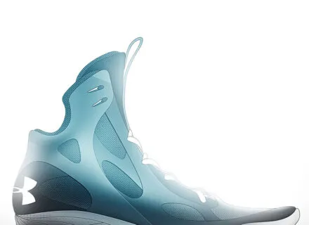 Technical rendering of a design for a high-top athletic shoe.