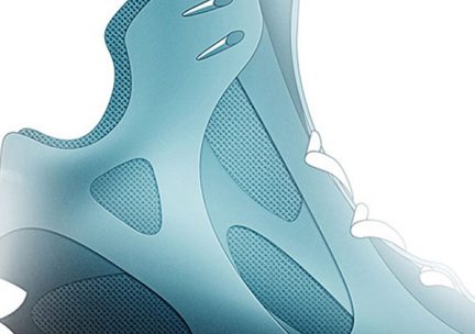 Detail of a design rendering of a blue high-top athletic shoe