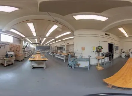Looking up through spring trees into an early evening sky with a few clouds