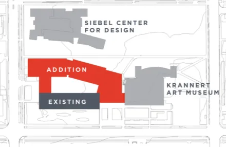 Map of the proposed A&amp;D addition, shown in relation to existing A&amp;D Building and the new Siebel Center for Design