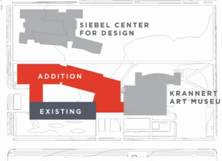 Map of the proposed A&amp;D addition, shown in relation to existing A&amp;D Building and the new Siebel Center for Design