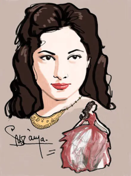Designerly illustration of a female portrait and full-length view in a dress
