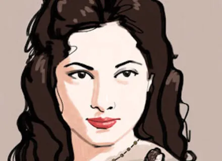 Designerly illustration of a female portrait and full-length view in a dress