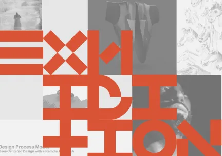 The word "exhibition" spelled in red designed type over light gray thumbnails