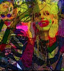 Digital collage with cartoonish characters with bright makeup