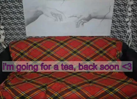 Photo of a couch covered with a red plaid blanket and the words "I'm going for a tea, back soon &lt;3&quot; overlaid in pink