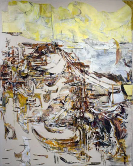 Abstract landscape painting with yellow sky