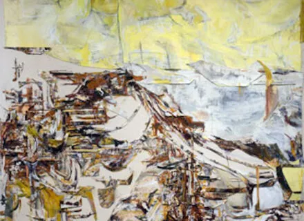 Abstract landscape painting with yellow sky