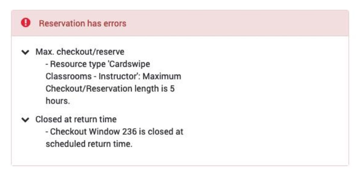 screenshot of errors on a reservation with a red header bar