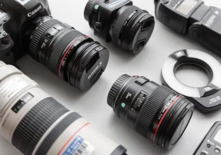 Camera and lens equipment on a table