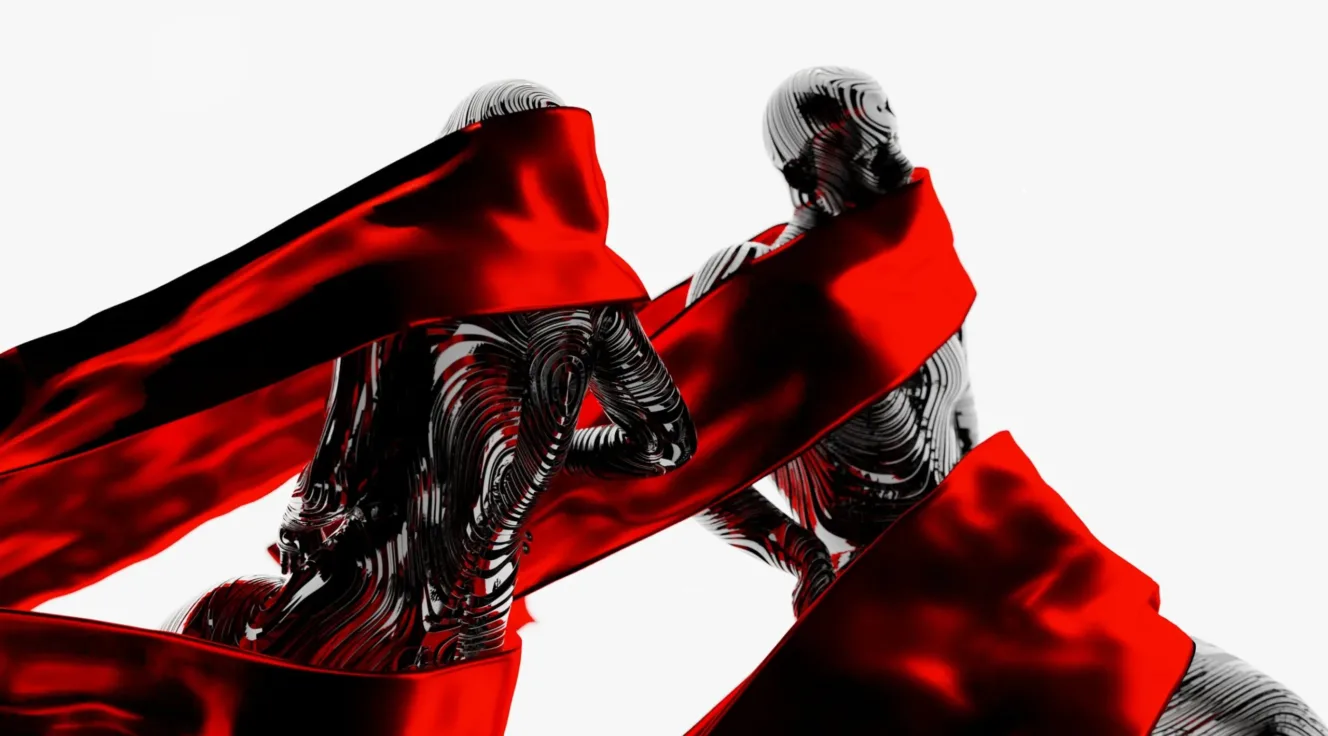 Digital image of black figures wrapped in red banners against a white ground