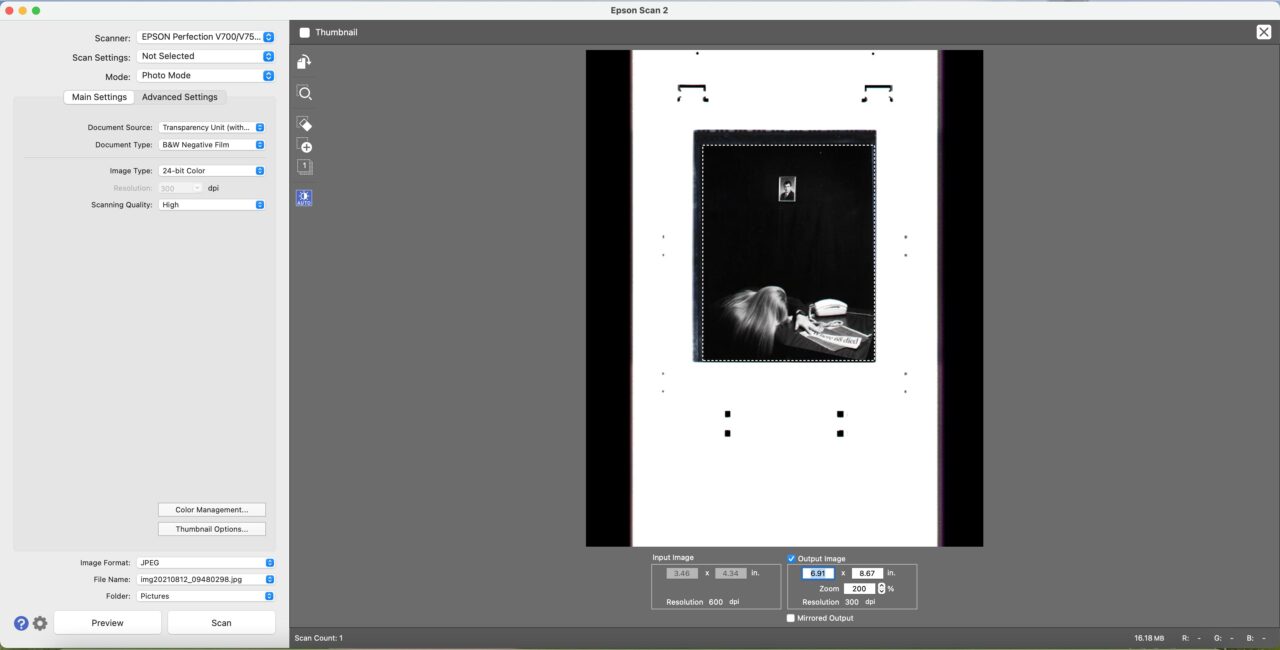 scanning software interface with a film negative in the preview window