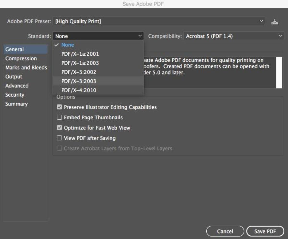 Select High Quality Print and PDF/X-3:2003