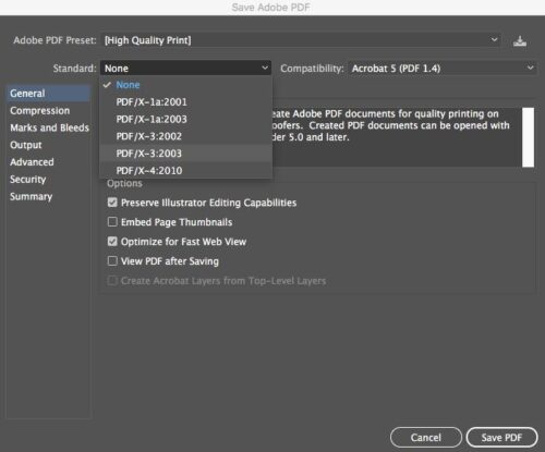 Select High Quality Print and PDF/X-3:2003