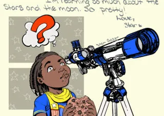 young child with telescope and cookie