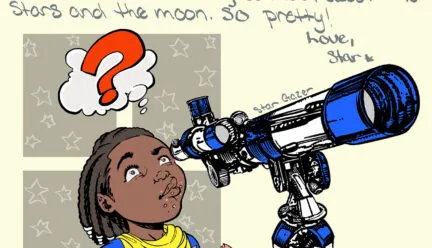 young child with telescope and cookie