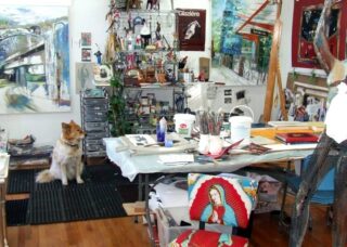painting of studio with dog