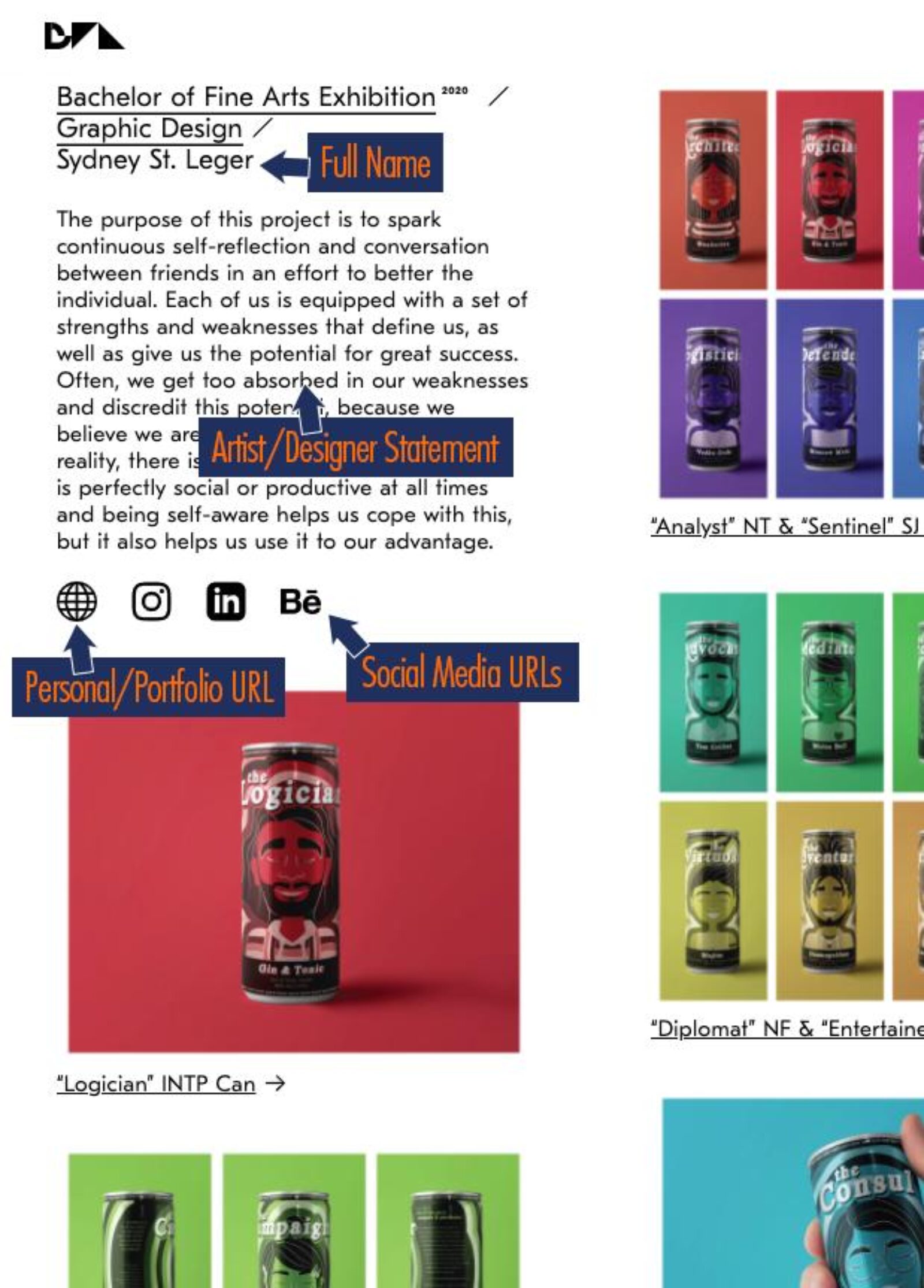 screenshot of sample page of graphic design student work with beverage can designs